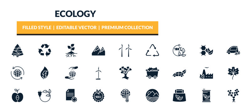 filled ecology icons set - christmas trees, recycle, plant and root, 100 percent natural. editable vector for web and mobile ui
