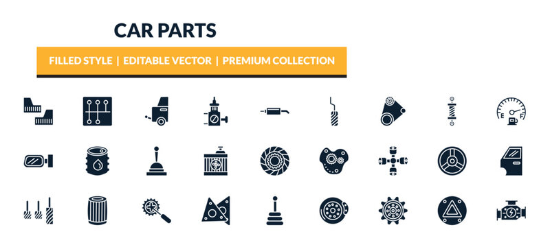 filled car parts icons set - car mud flap, car gearbox, towbar, fan belt. editable vector for web and mobile ui