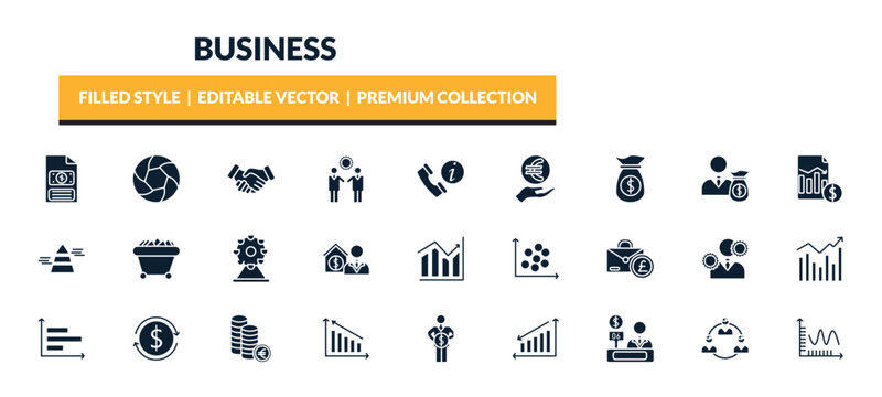 filled business icons set - bailment, infographic elements, shaking hands, dollar on business time. editable vector for web and mobile ui