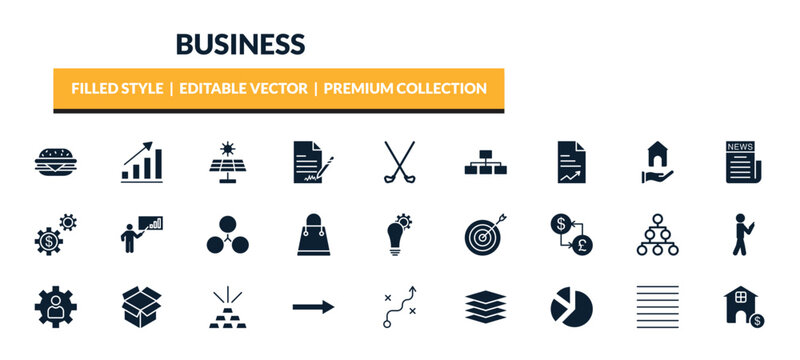 filled business icons set - basic burger, statistical chart, graphic panel, paper graphic. editable vector for web and mobile ui