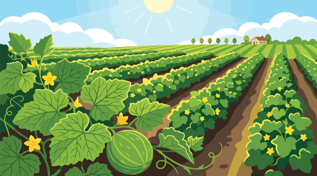 Organic Watermelon Field Landscape with Rows of Green Plants and Yellow Flowers under Bright Sunny Sky in Countryside