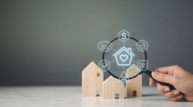 A hand uses a magnifying glass to examine a digital real estate concept with wooden house models symbolizing home ownership investment