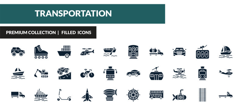 filled transportation icons set - all terrain vehicle, inline skates, paddlewheeler, pt boat. editable vector for web and mobile ui