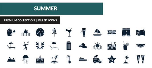 filled summer icons set - sand bucket and shovel, sun at sea, beach ball, sunbed. editable vector for web and mobile ui © IconArt
