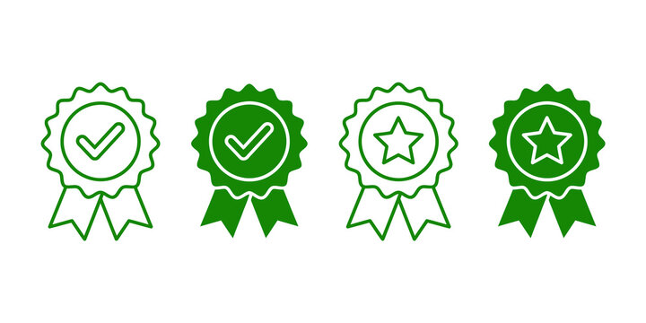 Award badge and quality certification ribbon icons with checkmark and star line and glyph styles isolated on transparent background