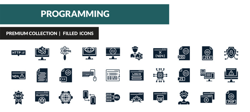 filled programming icons set - http, web optimization, seo keywords, error 404. editable vector for web and mobile ui