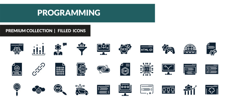 filled programming icons set - error, seo ranking, seo consulting, xml. editable vector for web and mobile ui