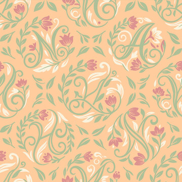A seamless pattern featuring elegant floral monograms on peach background