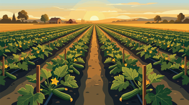 Sustainable Agriculture Field with Lush Green Vegetable Crops and Farmhouse at Golden Hour Sunrise View