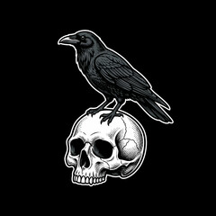 A black raven stands perched upon a detailed human skull © siti