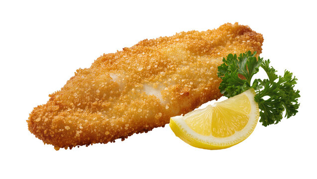 Isolated crispy golden fried fish fillet garnished with a lemon slice and fresh parsley