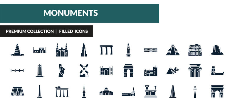 filled monuments icons set - great mosque of samarra, id kah mosque, cathedral, bridge of the west. editable vector for web and mobile ui
