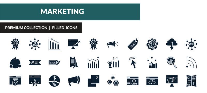 filled marketing icons set - recommendation, affiliate, diagrams, diversify. editable vector for web and mobile ui