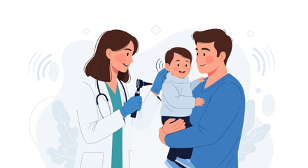 Fototapeta premium Doctor Examines Child's Ear, Father Holds Son during Medical Check-up, Healthcare Concept Vector Illustration