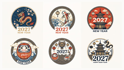 Set of circular badges for chinese new year 2027 with illustration festival traditional celebration ornament greeting horoscope prosperity oriental collection © Shaon