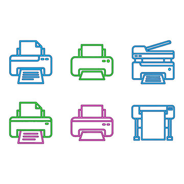 A set of colorful neon printer icons on white background