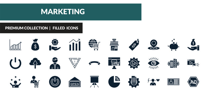 filled marketing icons set - marketing graph, get money, service, off. editable vector for web and mobile ui