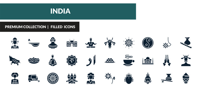 filled india icons set - indra, oil lamp, kumbh kalash, . editable vector for web and mobile ui
