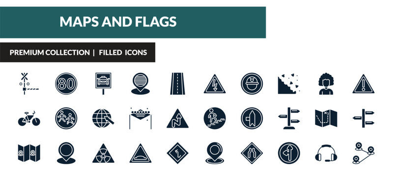 filled maps and flags icons set - rail crossing, 80 speed limit, taxi stop, bicycle. editable vector for web and mobile ui
