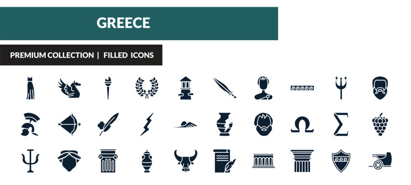 filled greece icons set - robe, pegasus, sports torch, armor. editable vector for web and mobile ui
