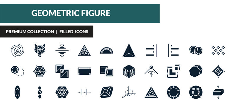 filled geometric figure icons set - spiral, polygonal wolf head, reflection, foreground. editable vector for web and mobile ui