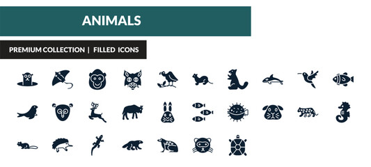 filled animals icons set - groundhog, stingray, ape, musk. editable vector for web and mobile ui © IconArt