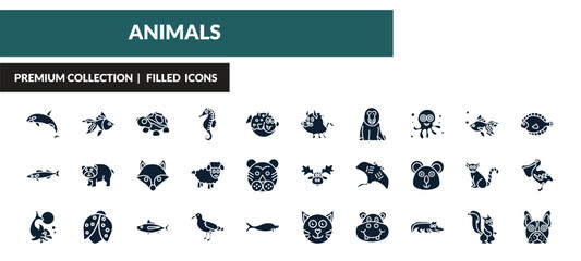 filled animals icons set - grampus, goldfish, turtle, pike. editable vector for web and mobile ui © IconArt