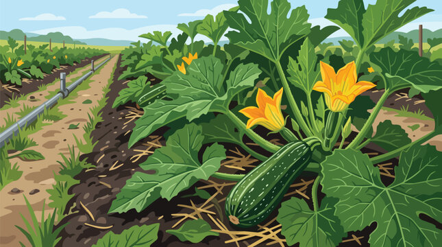 Organic Zucchini Plant Growing in Farm Field with Vibrant Yellow Blossoms and Green Leaves Background Landscape
