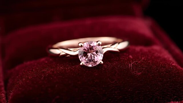 A finely detailed rose gold ring rests on a textured velvet cloth, catching soft studio light and highlighting its subtle gemstone style, smooth surface, sophisticated