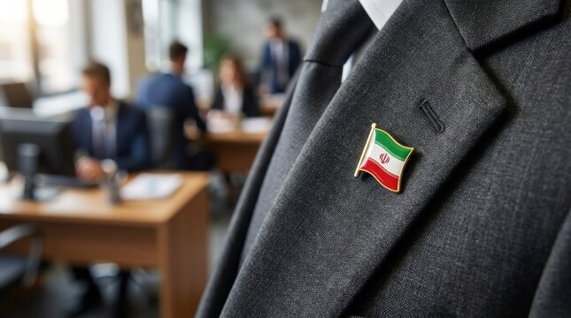 Businessman wearing Iran flag pin on suit lapel in office