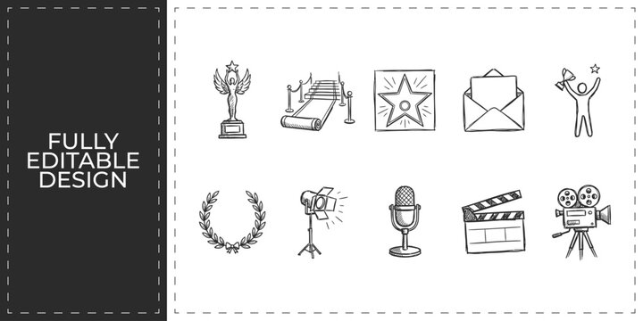 Awards ceremony and cinema production hand drawn doodle icons featuring trophies and clapperboards for entertainment industry and event branding design