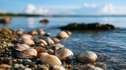 Fototapeta premium Seashells rest along a rocky shoreline where gentle waves lap at the shore under a bright blue sky