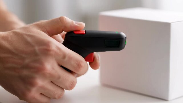 Person holding a handheld barcode scanner aiming at a white box in a warehouse.