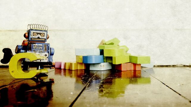 Vintage robots say CODE with wooden letters, stop motion animation 