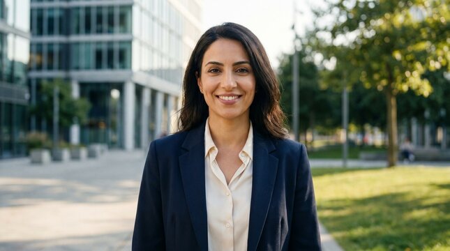Professional outdoor portrait of Middle Eastern businesswoman in natural , ght business attire