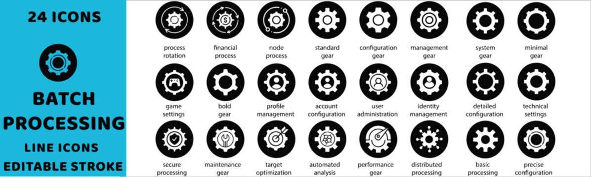 Batch processing and automated system gear vector icons. Data management optimization and configuration settings vector signs set. Process rotation icon.