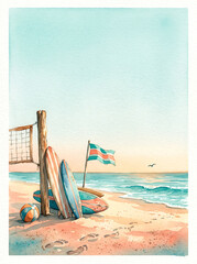 Fototapeta premium Watercolor beach scene with surfboards and volleyball net for Poster Background