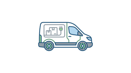 Fototapeta premium A green and blue line drawing of a van drives on a city street