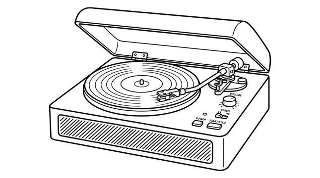 Retro Turntable Record Player with Open Lid, Black and White Line Art
