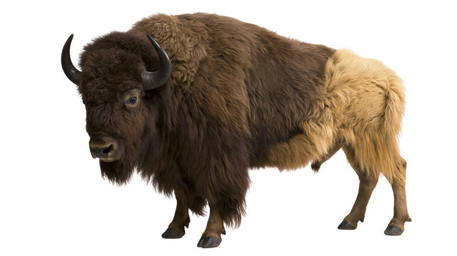 Majestic brown bison with shaggy fur, isolated on transparent background