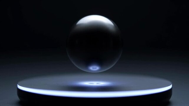 A glowing glass sphere floating above a circular illuminated pedestal in dark space.