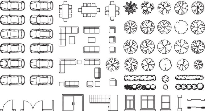 Architectural site plan symbols set featuring cars furniture trees and building elements in top view vector