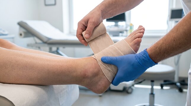 A medical professional wrapping a bandage around a patient's injured ankle