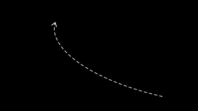 down arrow direction icon with dotted line animation on Black background. dot arrows icon sign animated with alpha channel. white straight arrows animation. Reveal animation dashed .