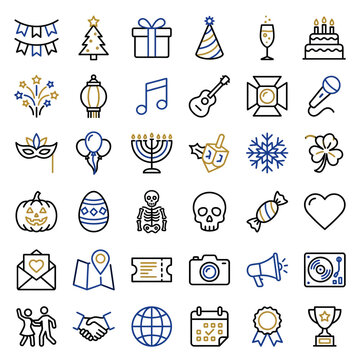 Set of holiday and celebration line icons on white background