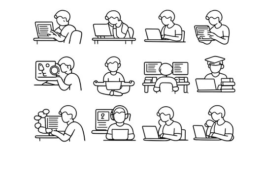 Software Coding Icons. Software coding lifestyle. Line outline icon set of Software coding lifestyle: student