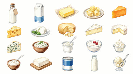 A collection of various dairy products, including milk, cheese, butter, and yogurt, presented in a watercolor illustration style. © Banana Milk