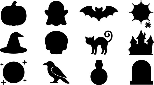 Halloween elements silhouette icon set featuring pumpkin ghost and castle