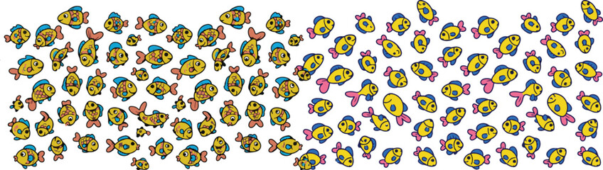 Naklejka premium Cartoon fish pattern seamless repeat design with yellow fish bows and bubbles for fabric