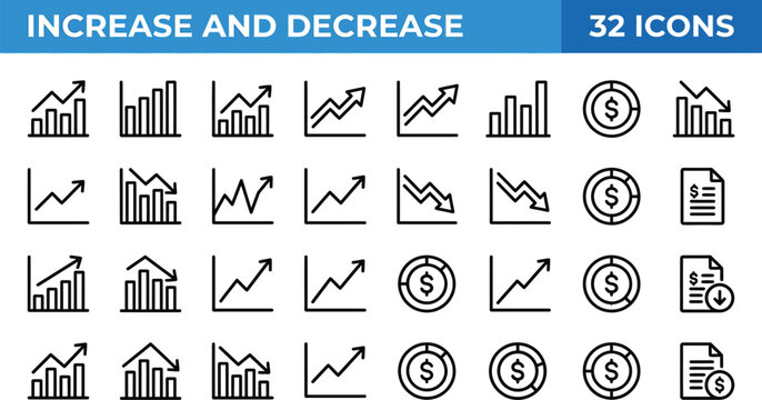 Business infographics collection presents thirty-two different icons showcasing financial increase and decrease trends.